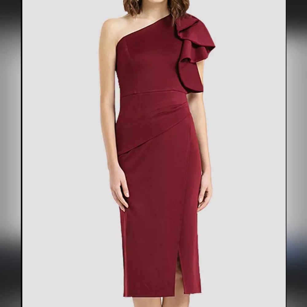 cloth inc x stella lundary one shoulder cocktail dress.  Front slit with shoulde